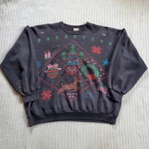 VTG 1990s EZL Pixel Christmas Sweatshirt Women's Large RETRO KITSCH Faded Black